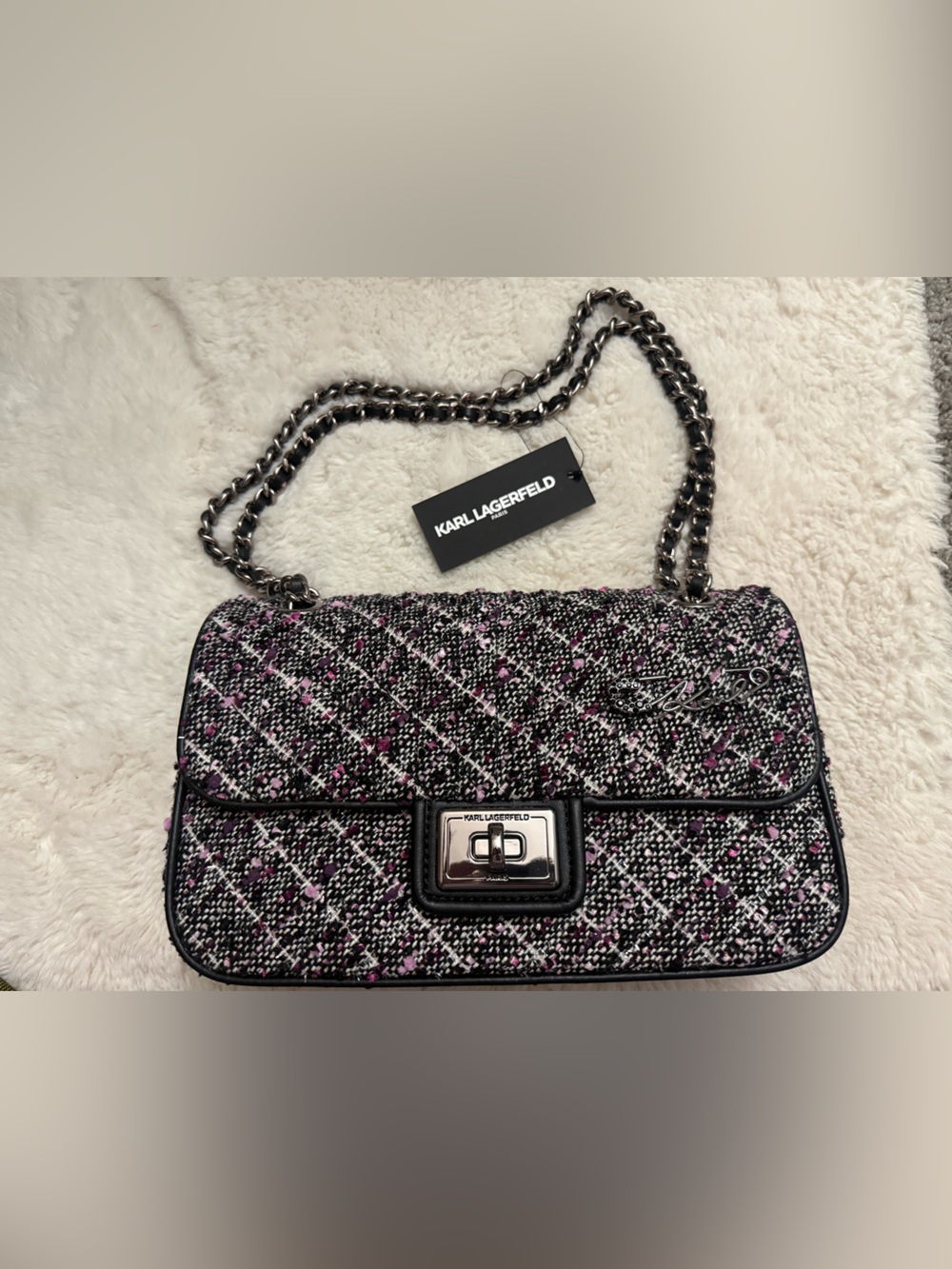 Karl Lagerfeld Agyness Shoulder Bag - Black & Pink Tweed